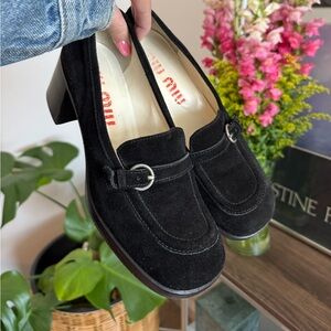 Miu Miu Black Suede Loafers with Silver Buckle